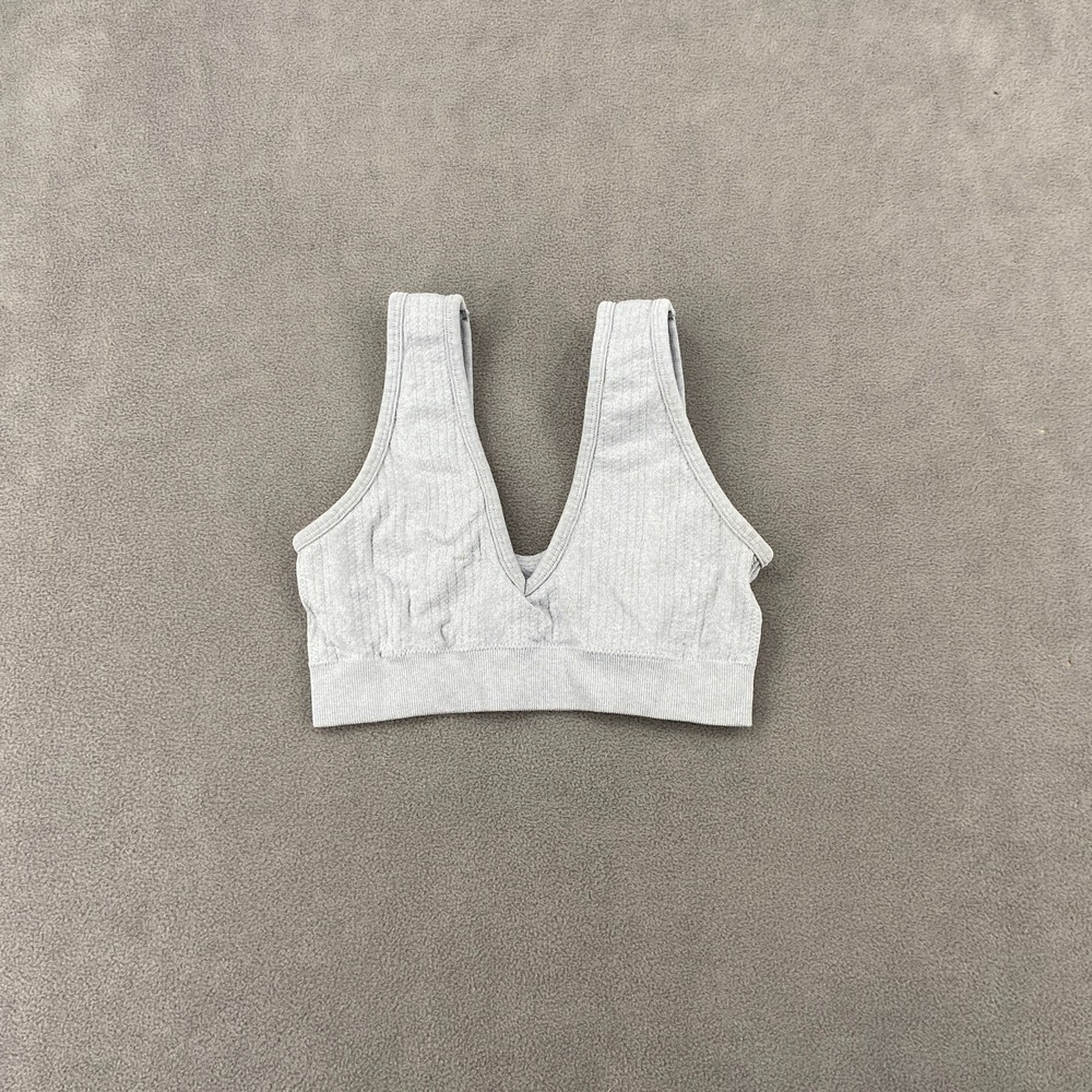 Aerie Sports Bra Women Gray Ribbed Plunge V Neck Fleece Lined Stretch Wide Strap